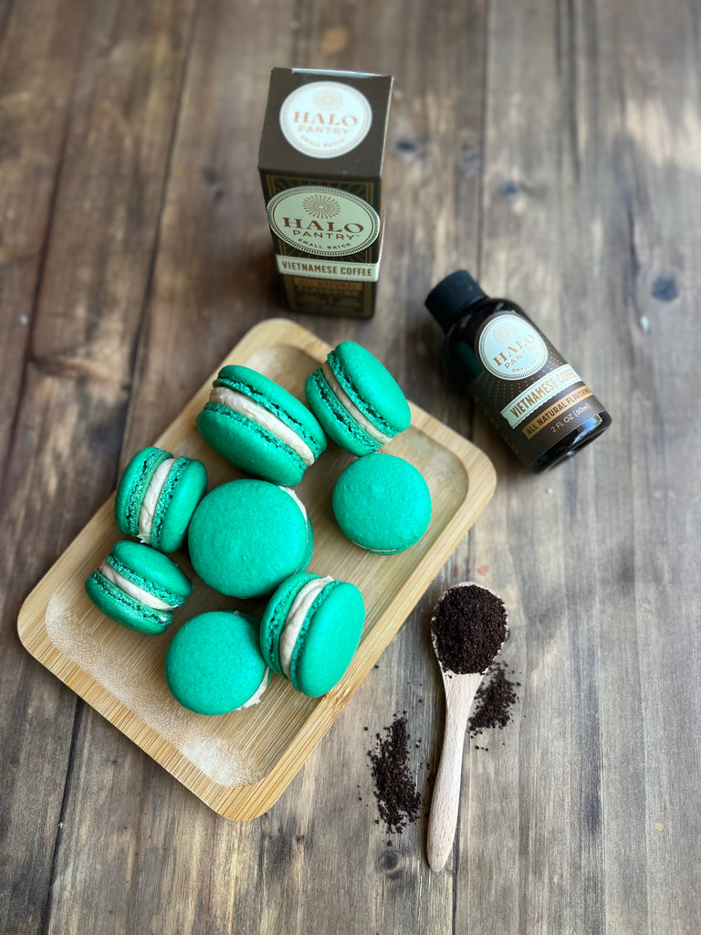 Easy Vietnamese Coffee flavored macarons, vietnamese iced coffee recipes, coffee flavored dessert ideas